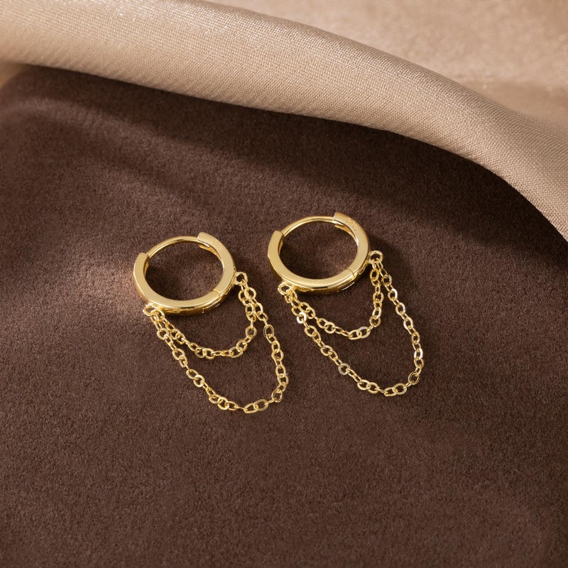 Reffeer Solid 925 Sterling Silver Tassel Chain Drop Dangle Small Hoop Earrings Huggie for Women Teen (C-Gold) - Image 4